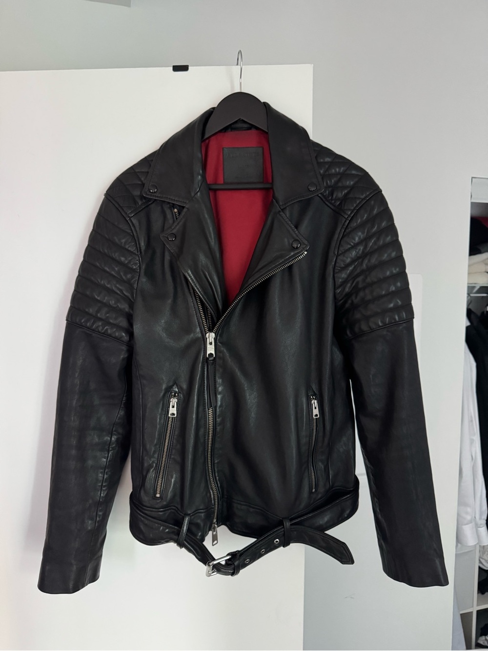 AllSaints Black Leather Quilted-Shoulder Biker Jacket with Red Lining